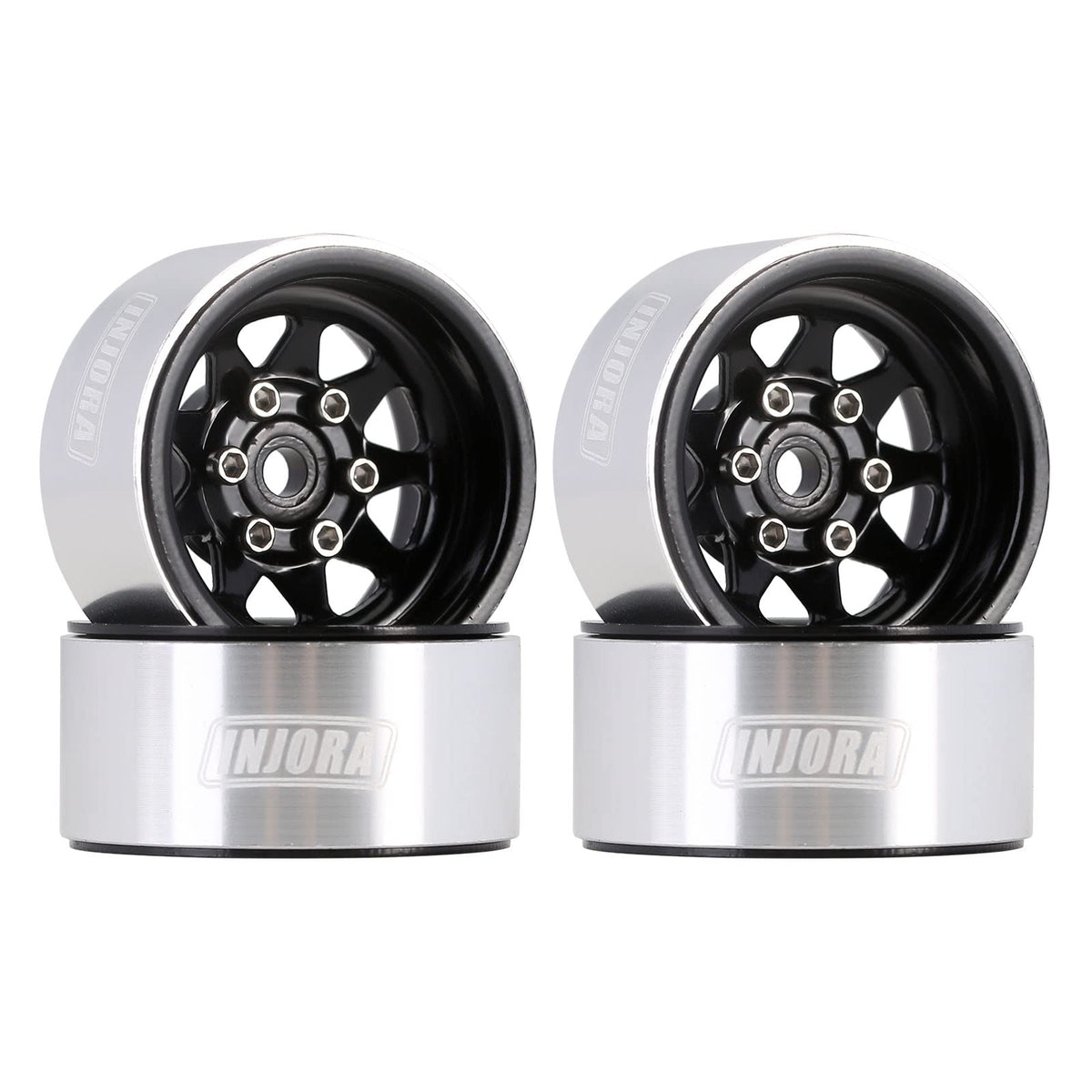INJORA 1.0 beadlock deep-dish wheel in black, front view highlights rugged scale finish.