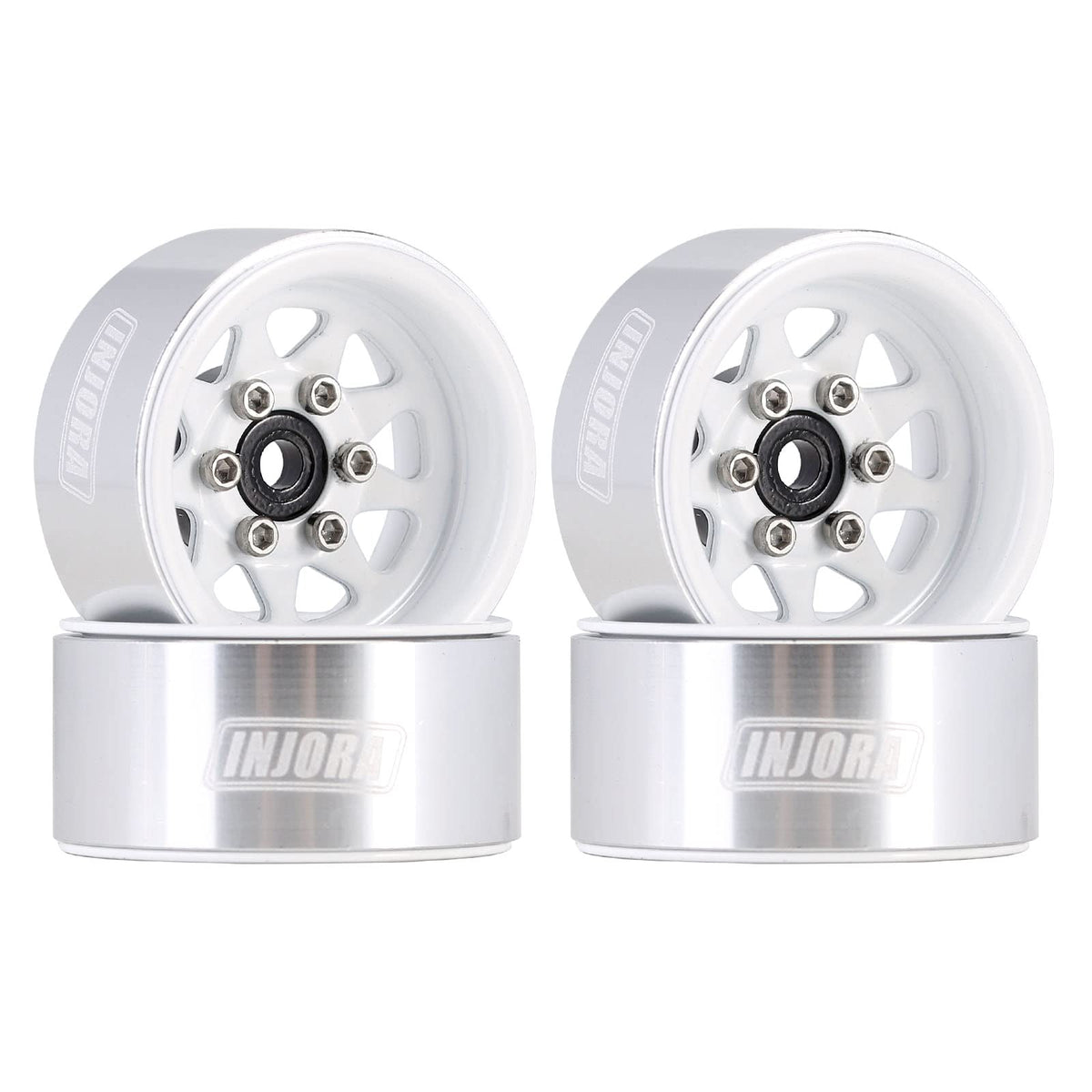 INJORA 1.0 beadlock wheel, front view, white stamped steel finish for Axial SCX24.