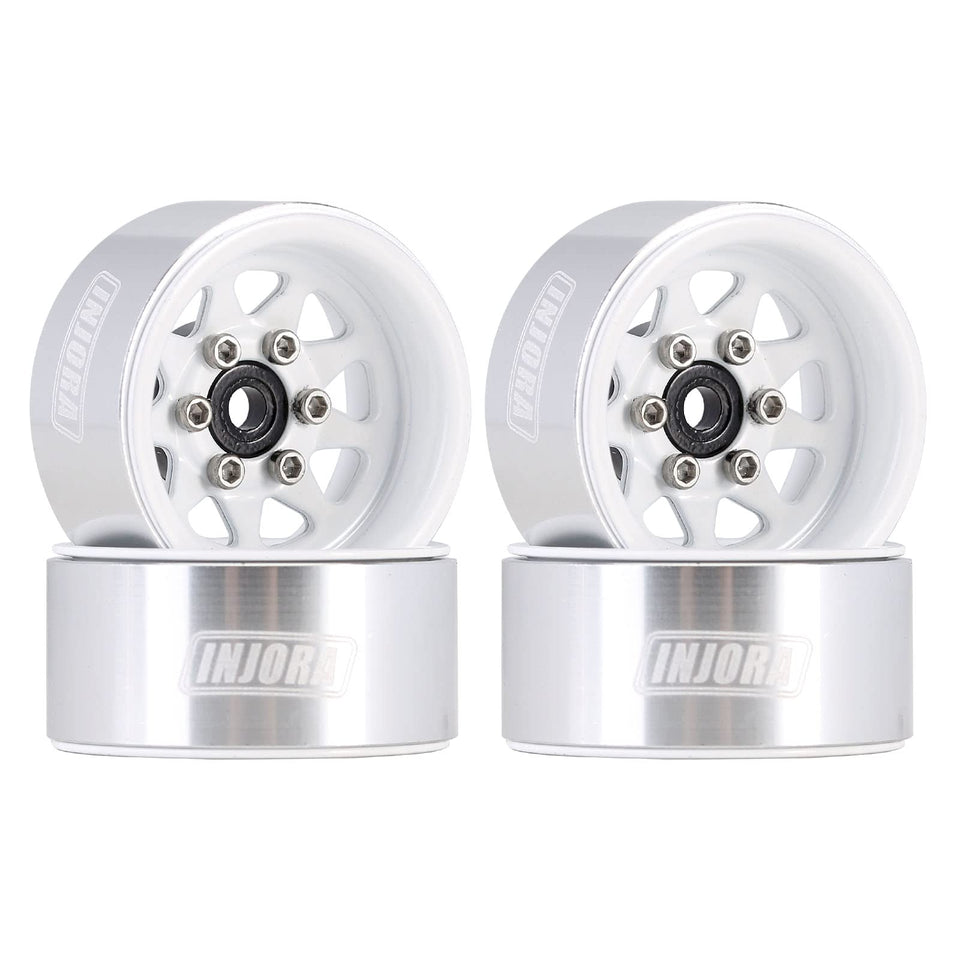 INJORA 1.0 beadlock wheel, front view, white stamped steel finish for Axial SCX24.