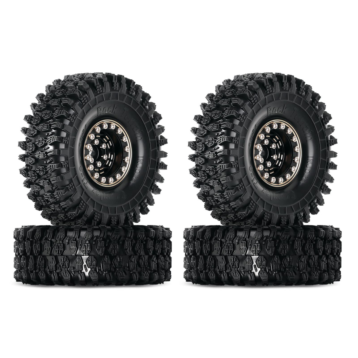 INJORA 1.0 brass beadlock tires set for 1/18 RC crawlers with stable grip.