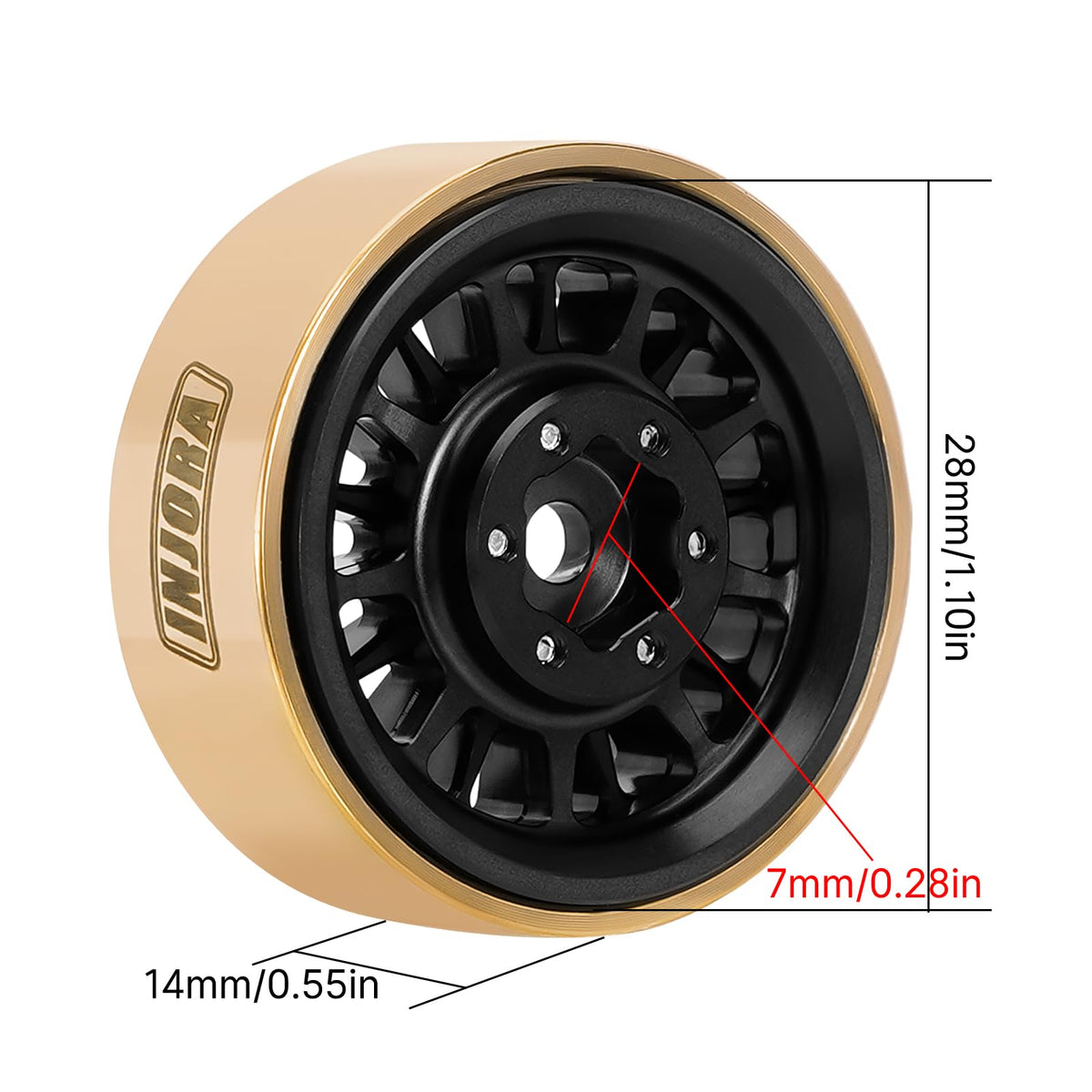 INJORA 1.0 Plus brass beadlock wheel rim closeup showcases multi-spoke design and brass construction.