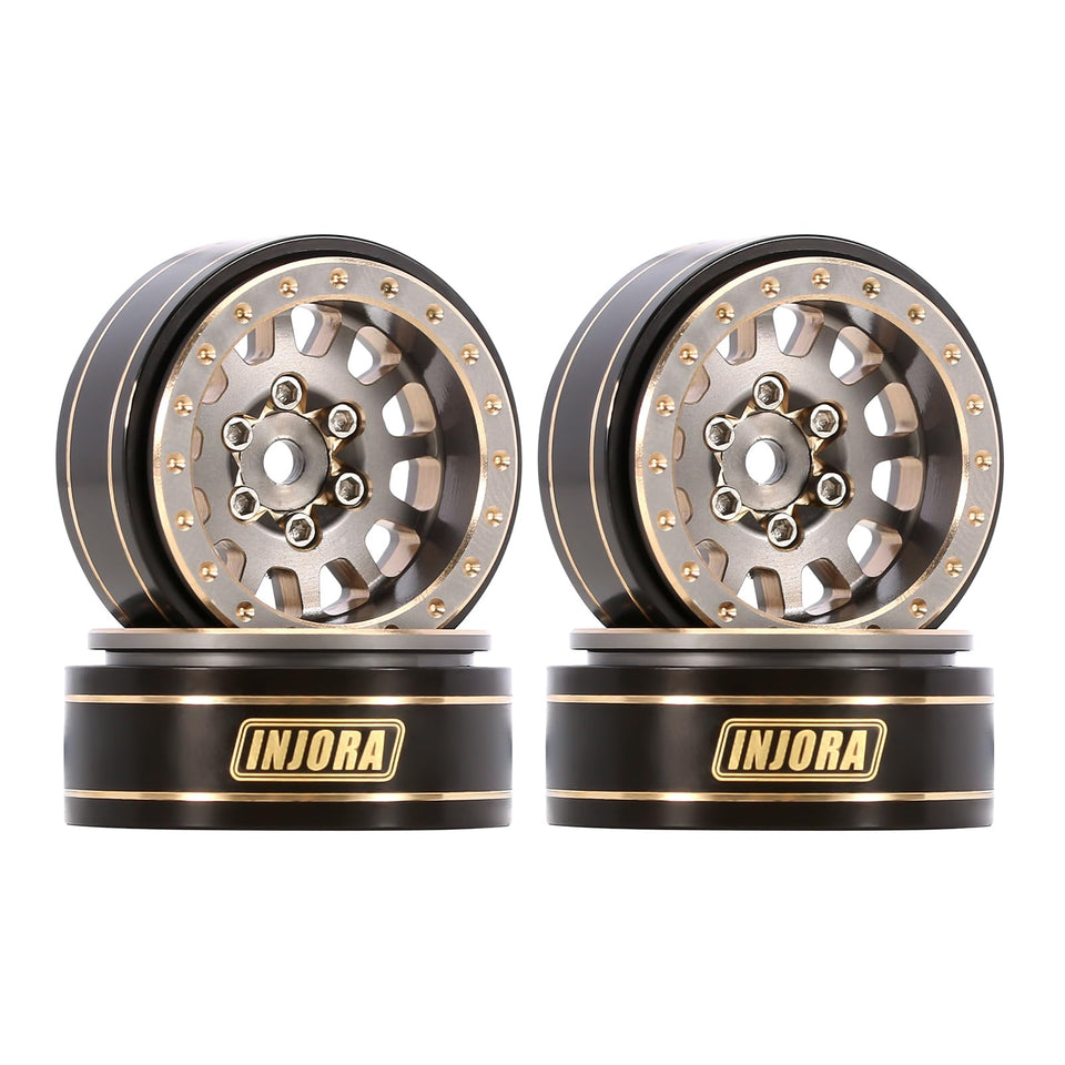 INJORA 1-0 Plus brass beadlock wheels in grey for RC crawlers enhance stability and style