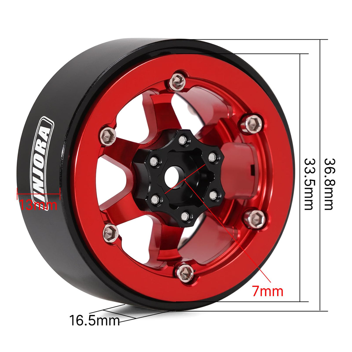 Close-up of red INJORA wheel with anodized finish and precise machining.