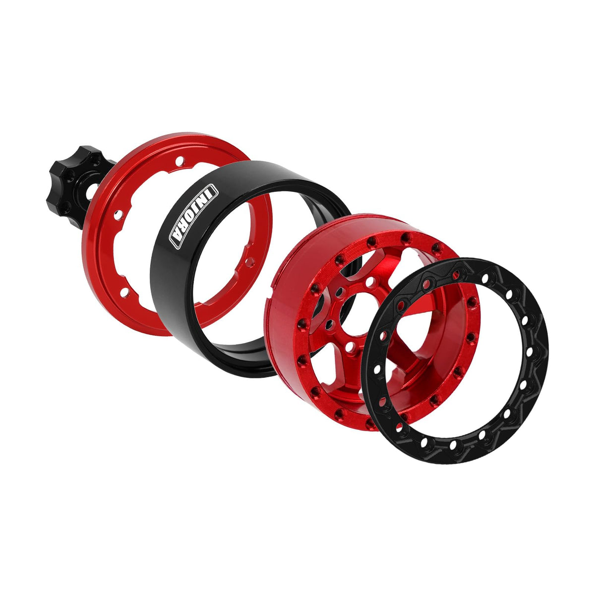 Side view of INJORA red beadlock wheel showing offset and CNC precision.