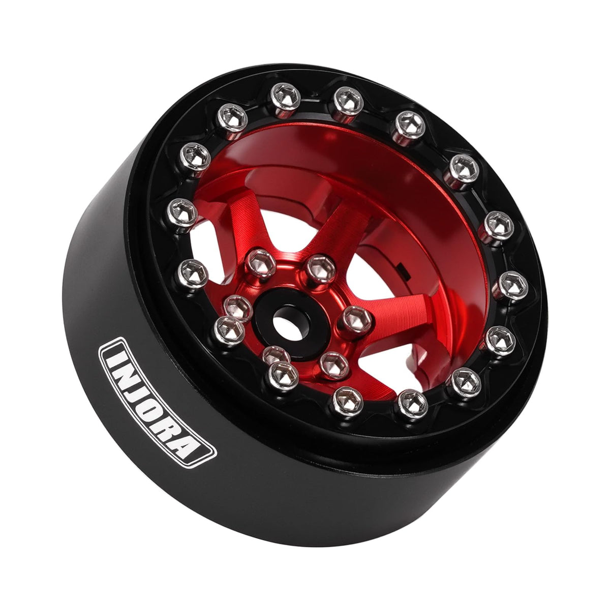 Red INJORA beadlock wheel paired with INJORA 1.3-inch tires on a 1/24 or 1/18 crawler.
