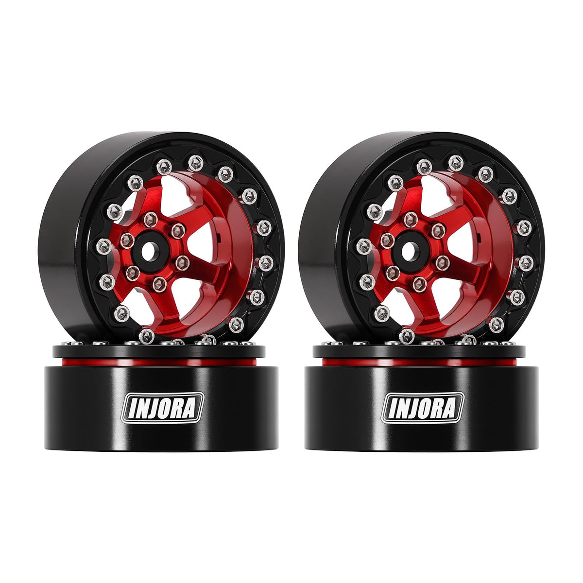 INJORA 1.3-inch beadlock wheel with -5.25mm offset in red for improved stability.