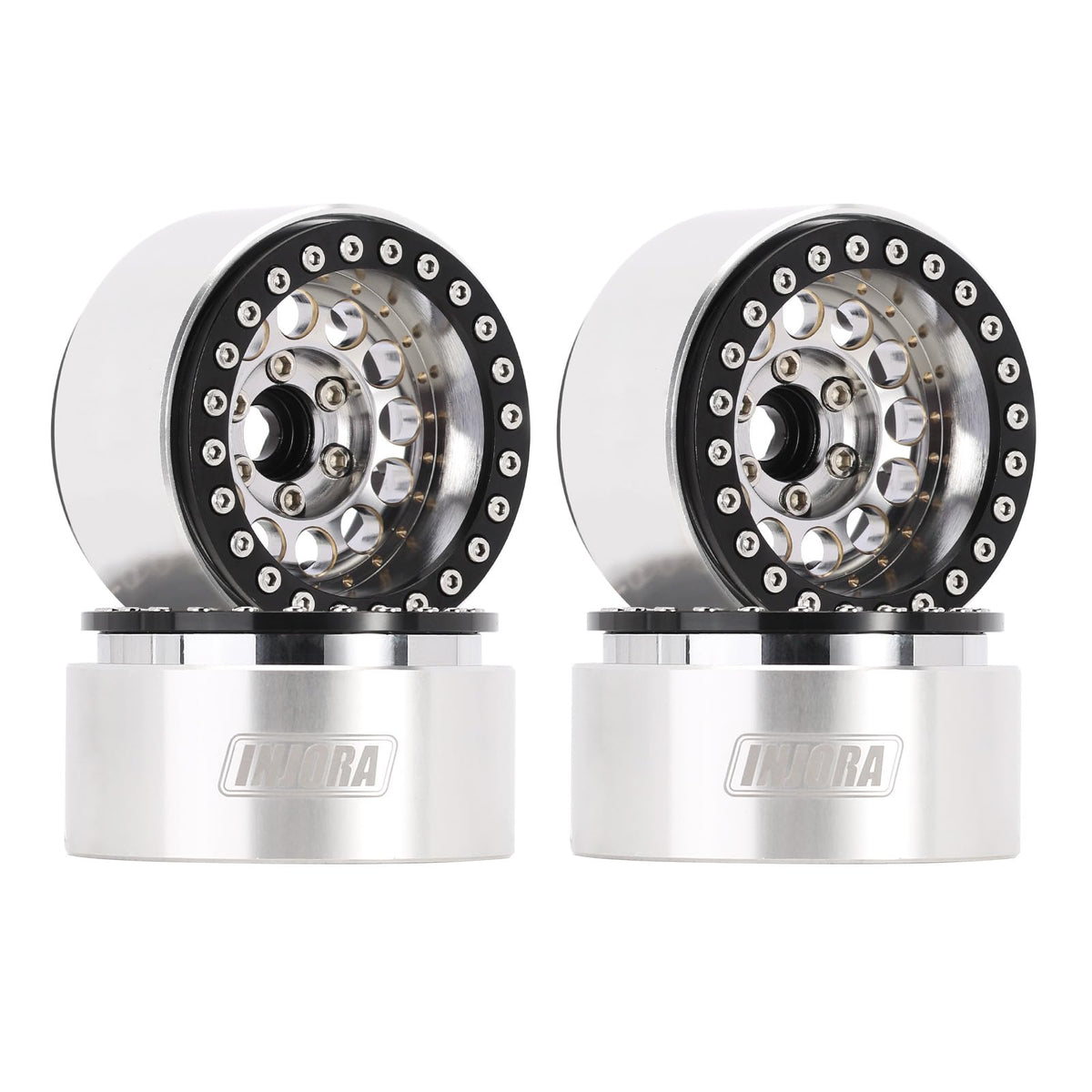 INJORA 1.9-inch beadlock wheel silver side view shows stability on rugged terrain