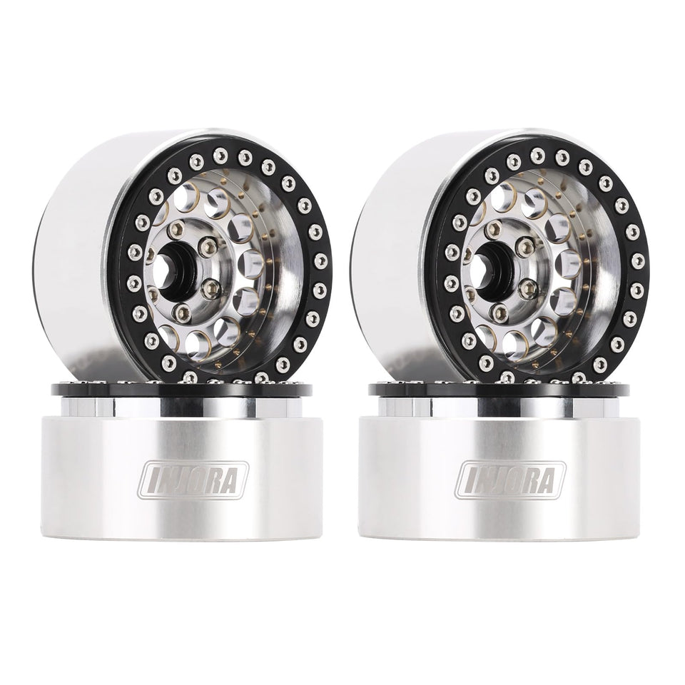 INJORA 1.9-inch beadlock wheel silver side view shows stability on rugged terrain