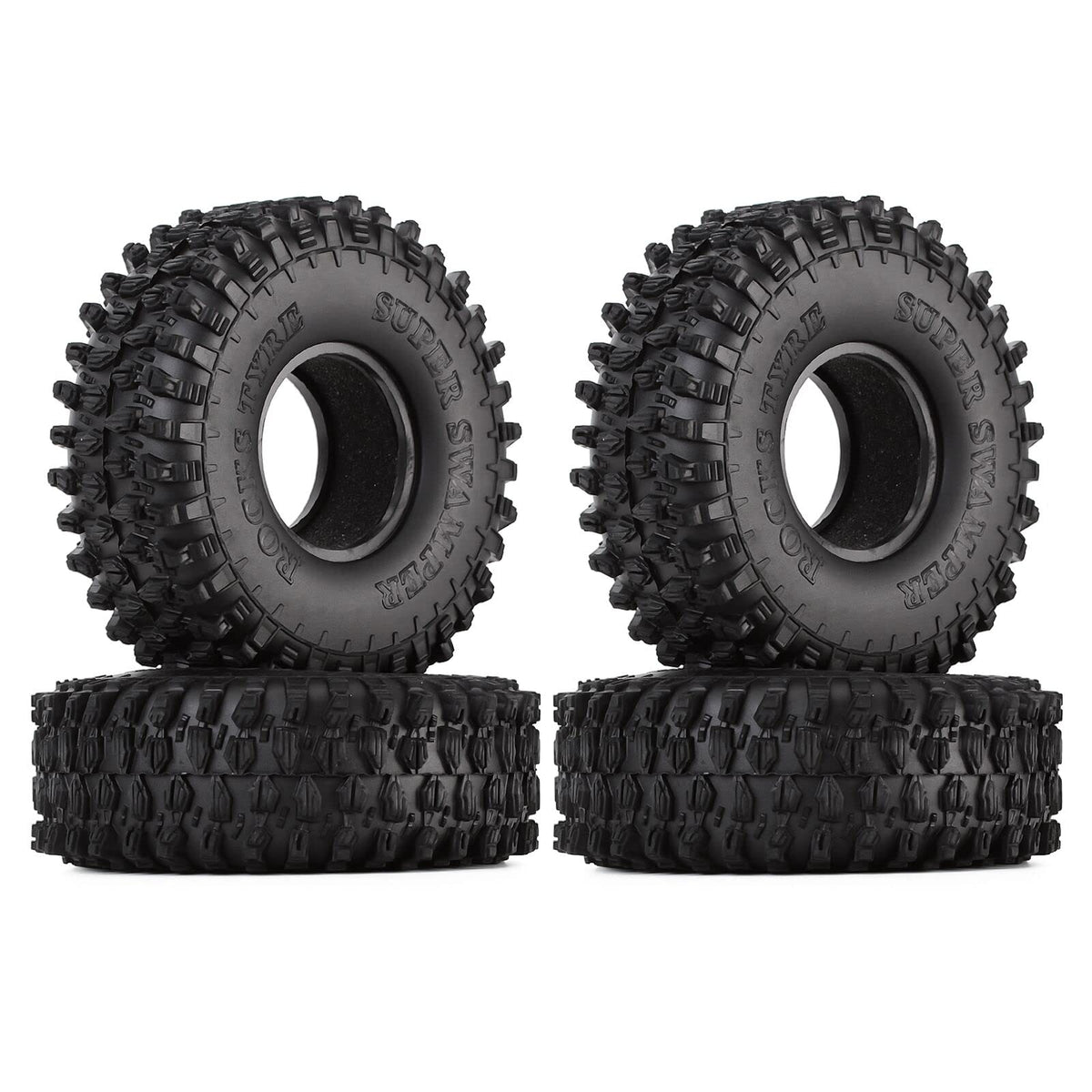 INJORA 1.9-inch rubber rock tires with aggressive tread for improved grip on rugged terrain.