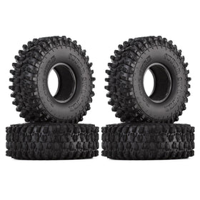 INJORA 1.9-inch rubber rock tires with aggressive tread for improved grip on rugged terrain.