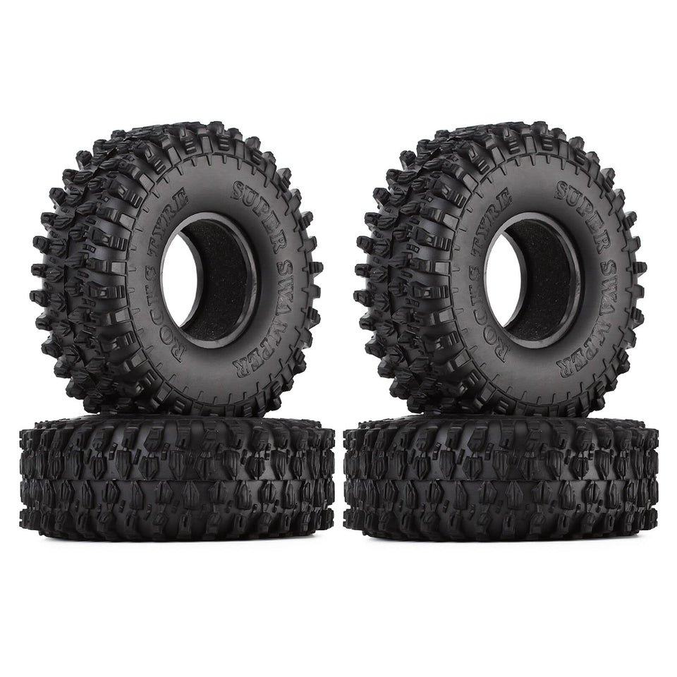 INJORA 1.9-inch rubber rock tires with aggressive tread for improved grip on rugged terrain.