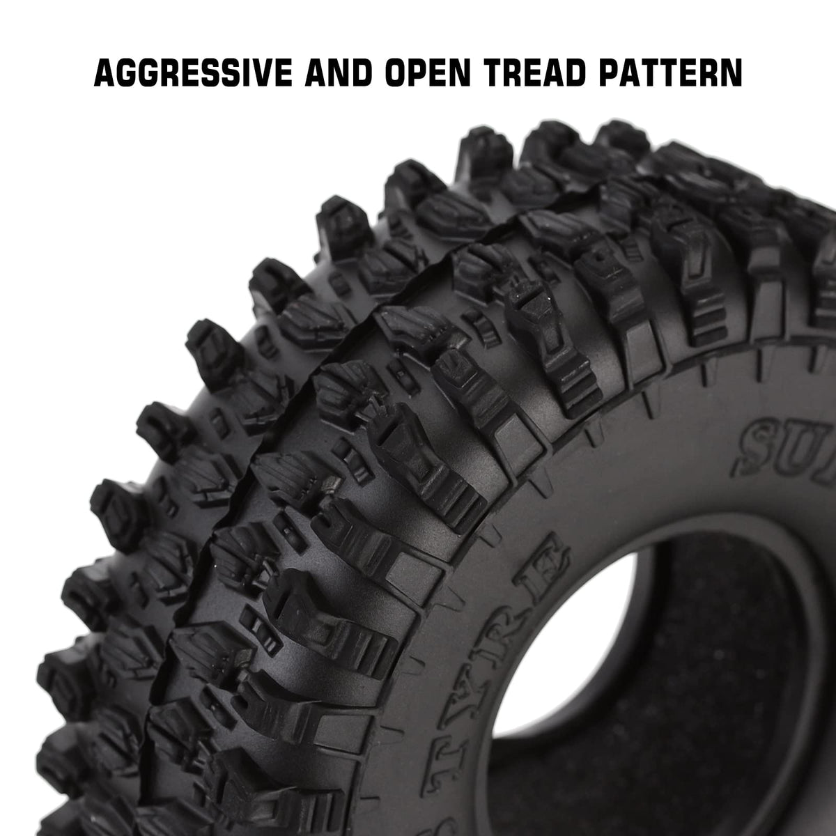 INJORA 1.9-inch tires with open tread pattern for maximum grip on trails.