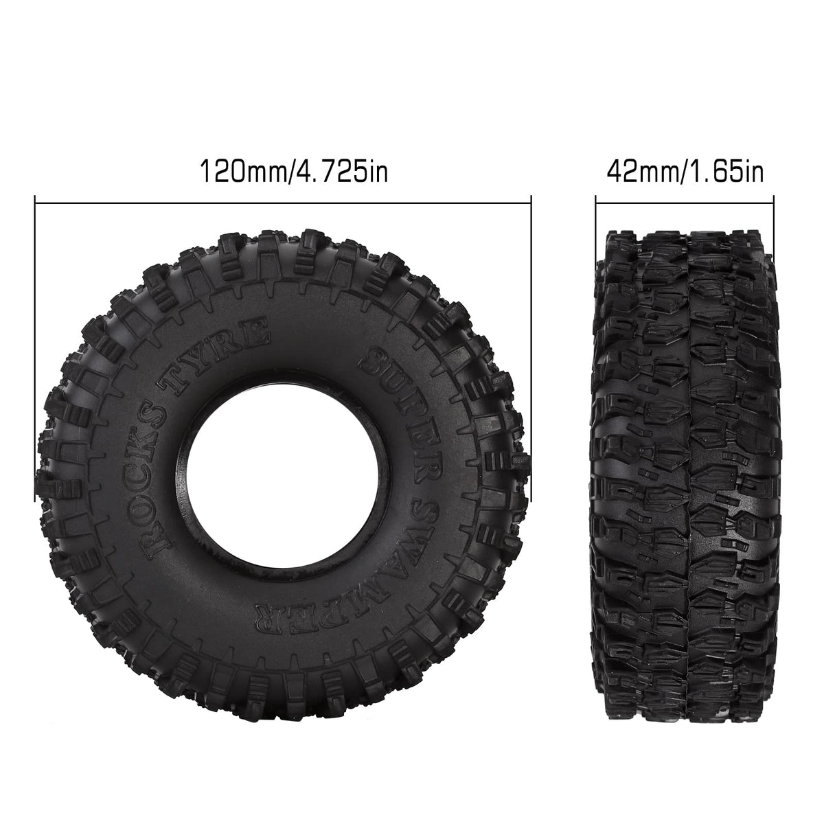 INJORA 1.9-inch rock tires showing sidewall siping detail for traction on uneven terrain.