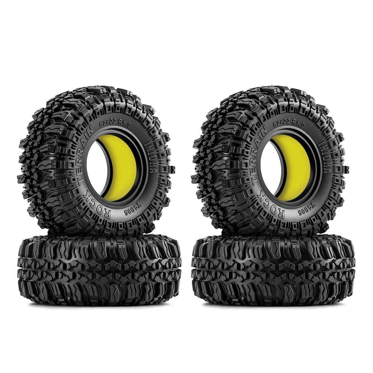 INJORA 1.0-inch rock terrain tire close-up showing aggressive tread for reliable grip