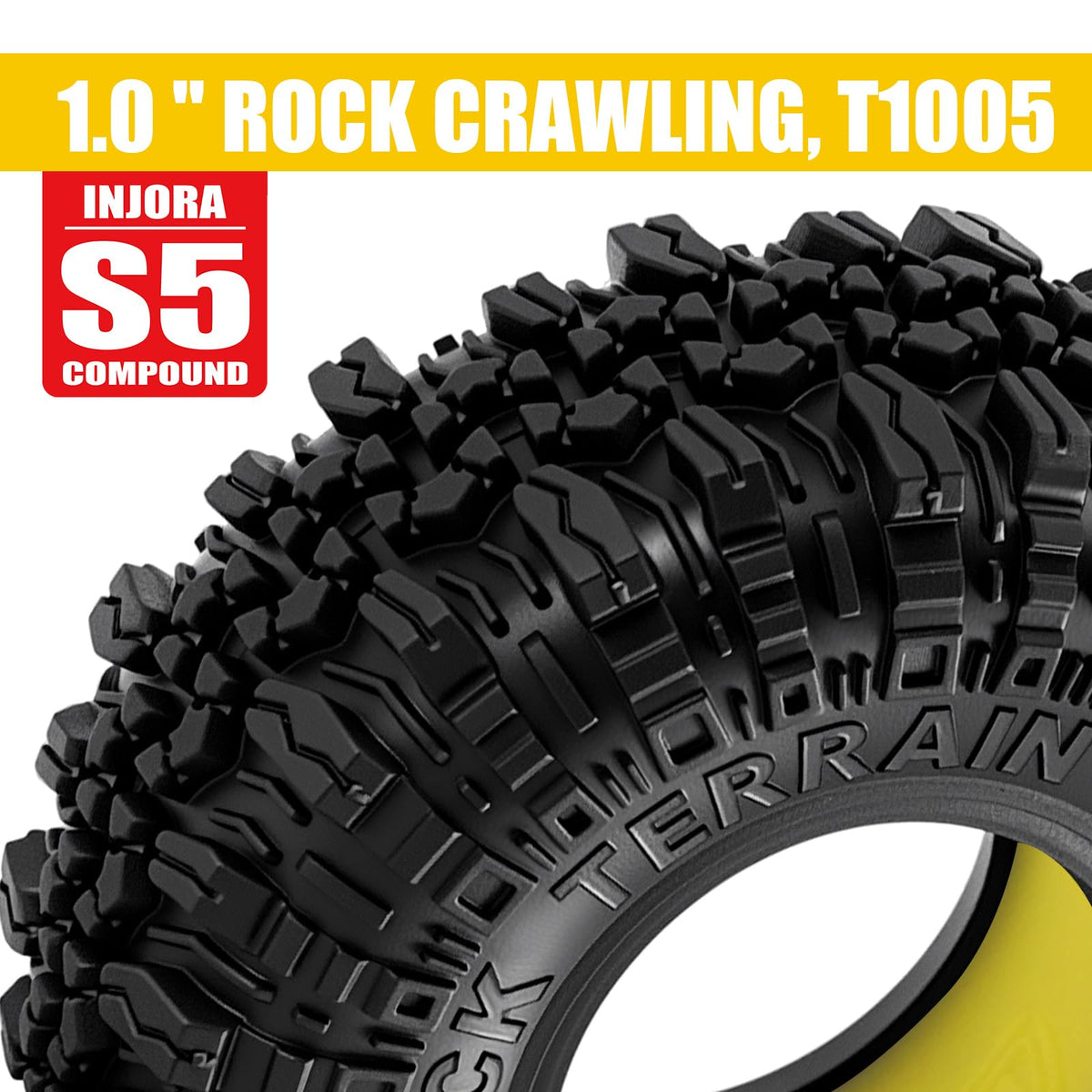 INJORA rock terrain tire side view highlighting balanced handling on rough surfaces