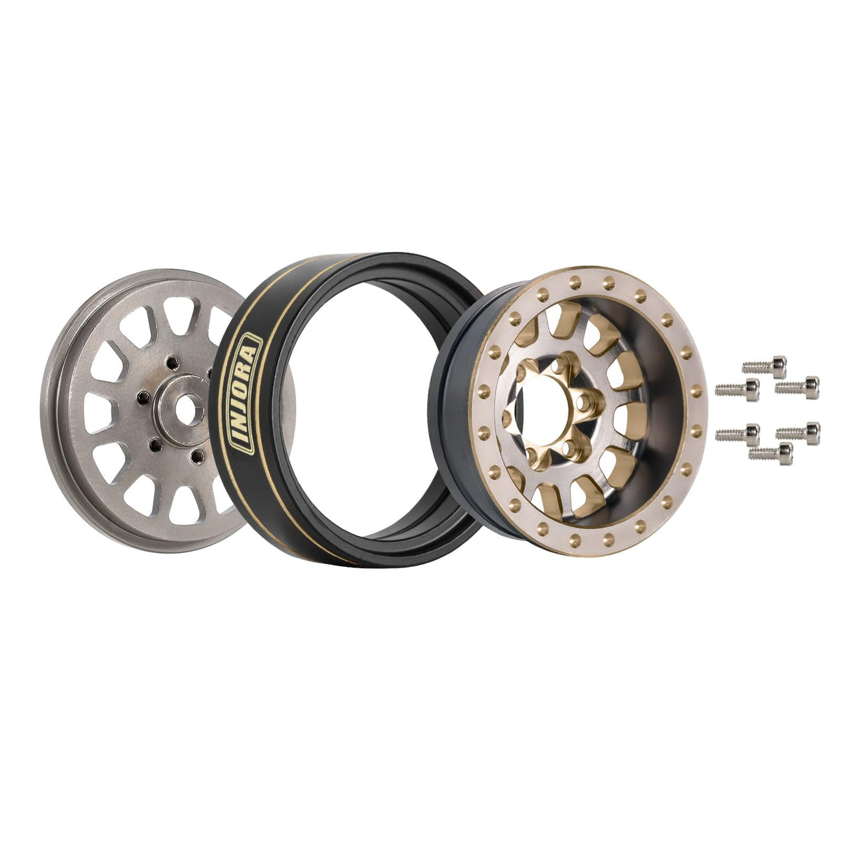 INJORA 12-spoke brass beadlock wheels in grey show rugged performance
