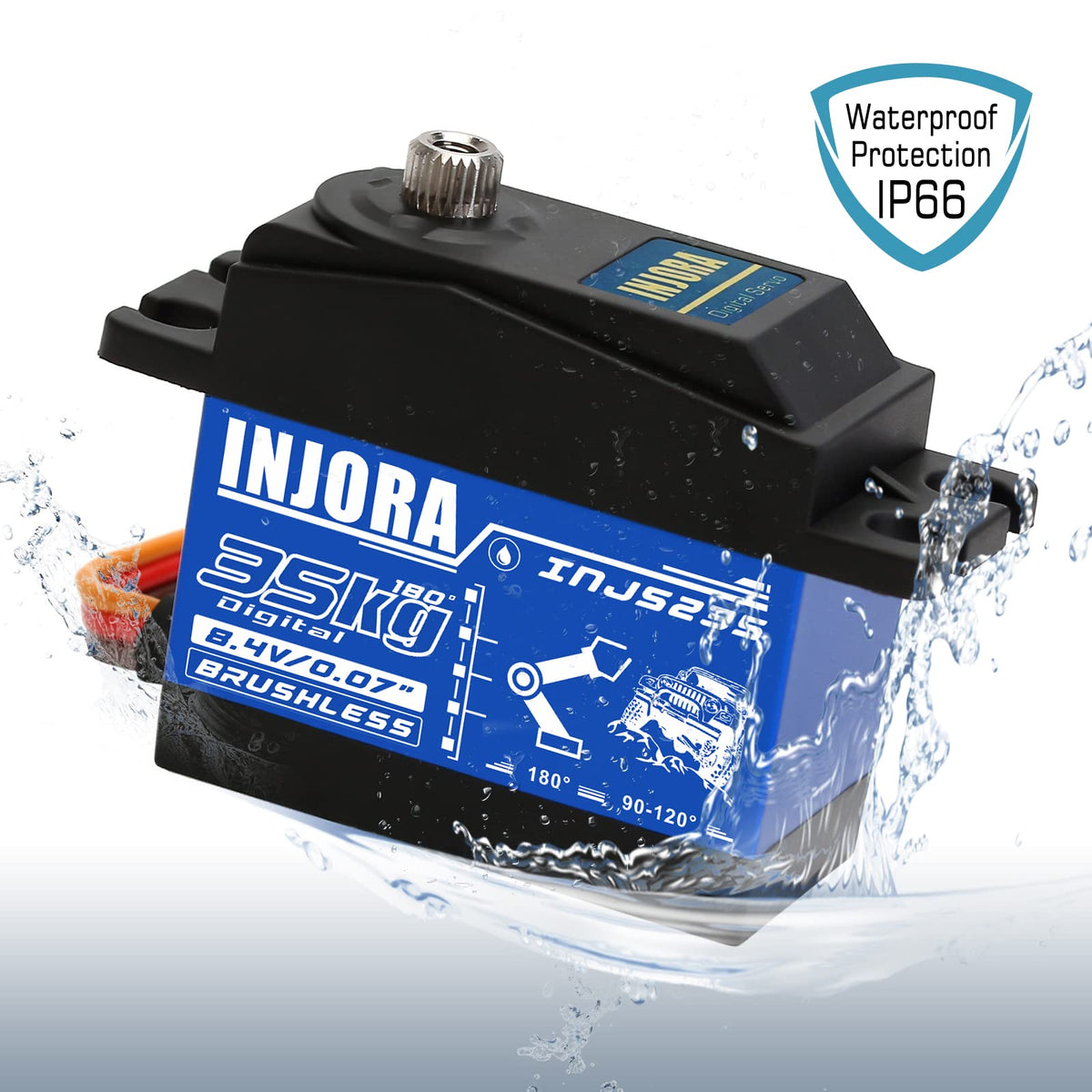 INJORA 35kg brushless servo hardware details highlight high torque, water resistance, and mounting options.