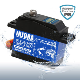 INJORA 35kg brushless servo hardware details highlight high torque, water resistance, and mounting options.
