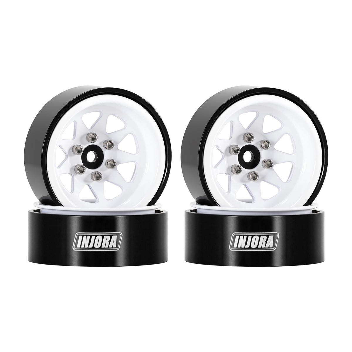 INJORA beadlock wheel with -4.05mm offset in white, durable stamped steel for RC crawlers.