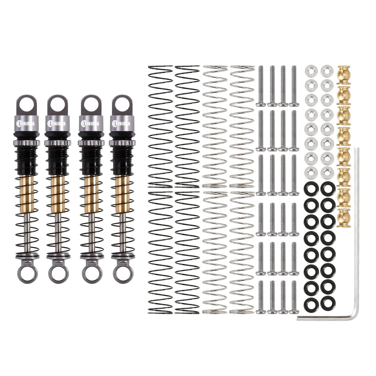 INJORA 43mm aluminum shock detail highlights precision threaded bodies for easy preload.