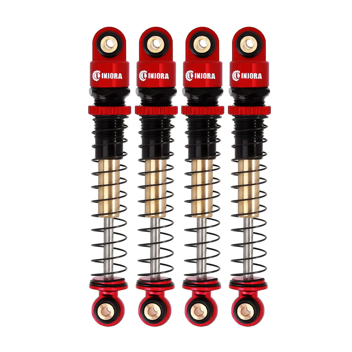 INJORA 43mm aluminum shocks with threaded bodies enabling precise pre-load adjustments for RC crawlers.