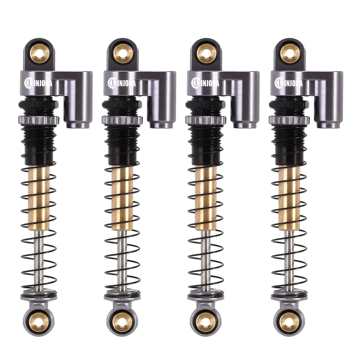 INJORA 43mm aluminum shocks assembly shows sturdy, durable design for RC crawling.