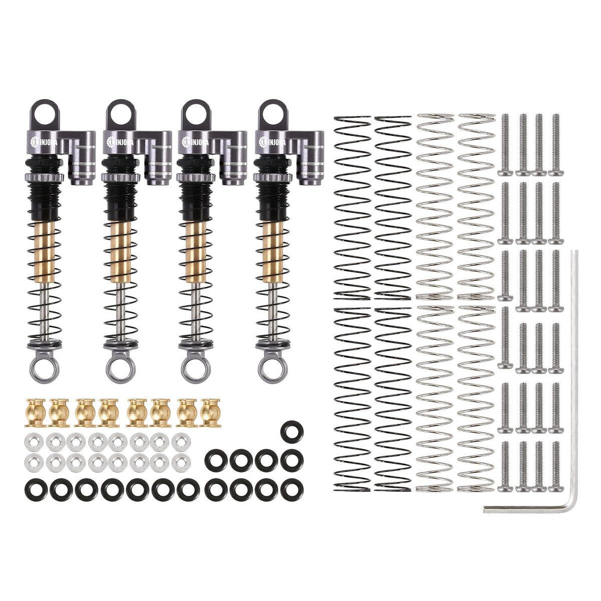 INJORA 43mm shocks threaded preload adjustment for quick setup changes.