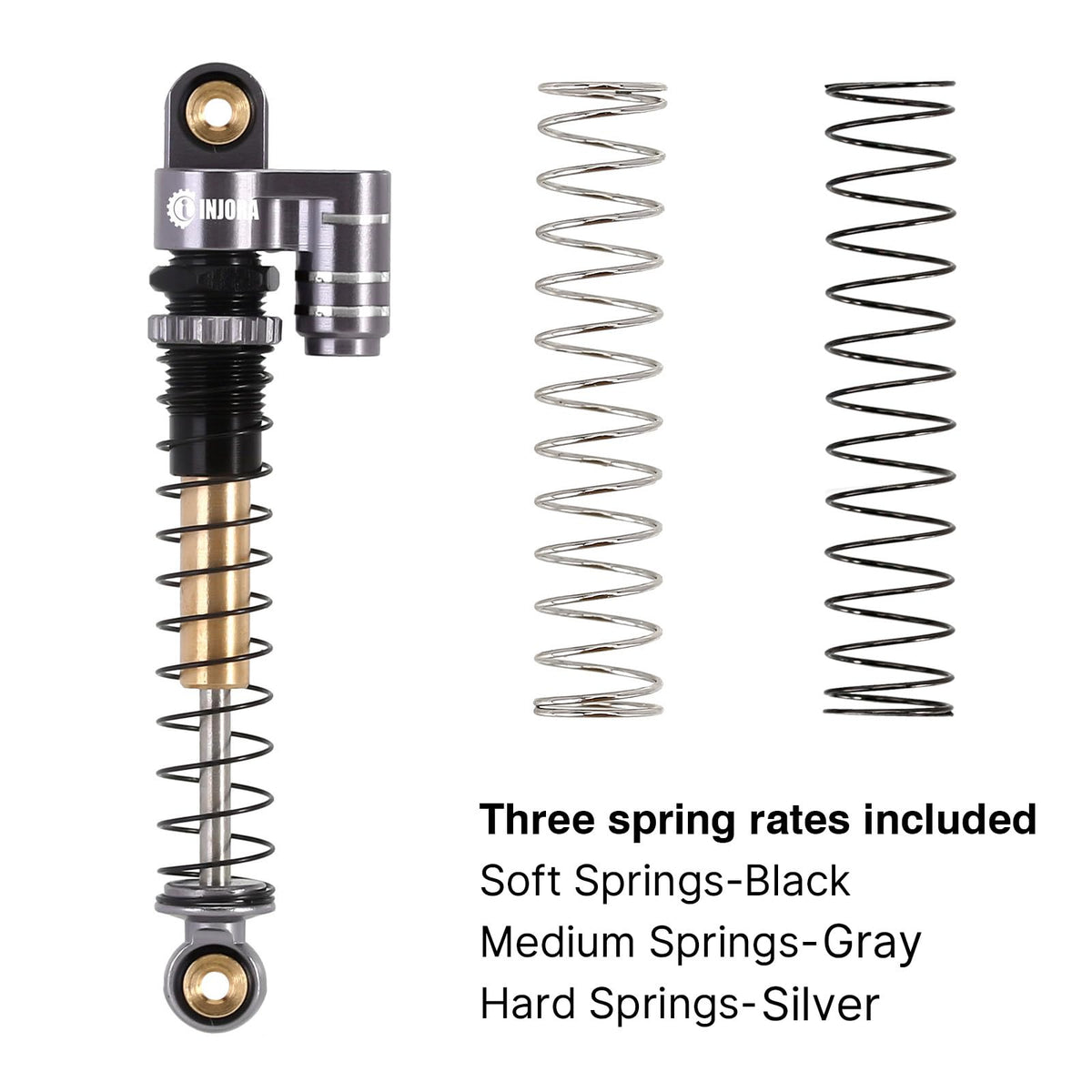 INJORA 43mm shocks three spring rates set for versatile tuning.