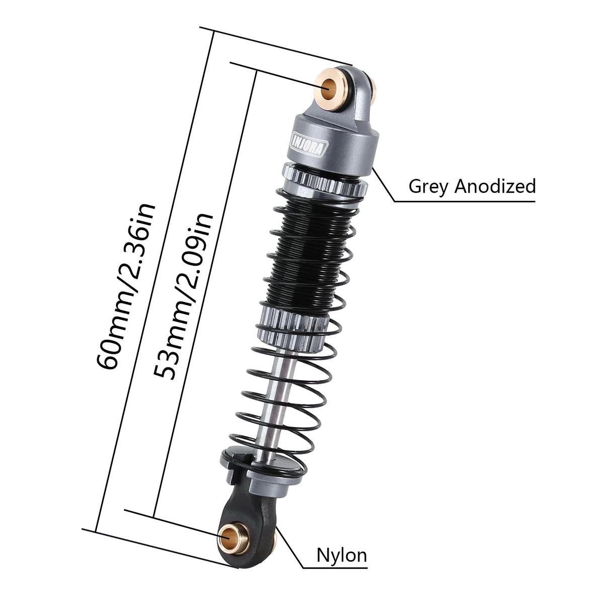 INJORA 53mm shocks aluminum body close-up highlights precision machining