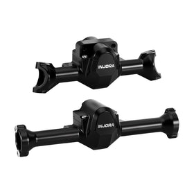INJORA aluminum front axle housing close-up showing precision fit and scale appearance