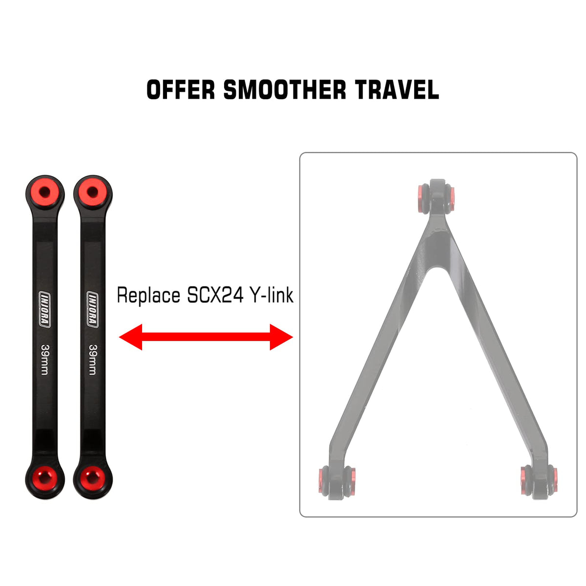 Durable CNC black anodized links replace plastic parts for SCX24 Power Wagon adventures.