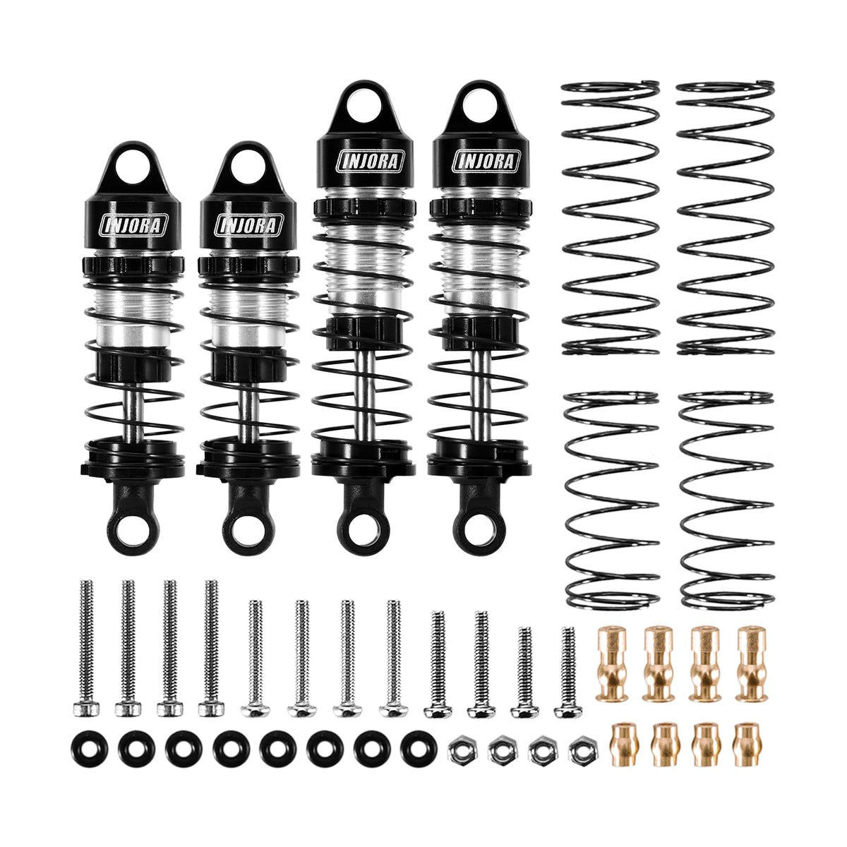 INJORA aluminum oil shocks rear view for stable landings and rear grip.