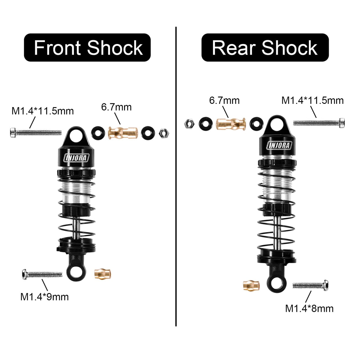 INJORA aluminum oil shocks side profile showing preload adjustment capability.