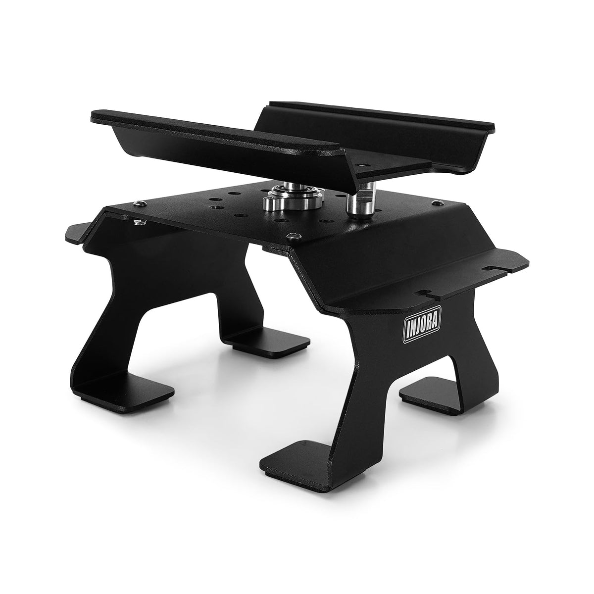 INJORA aluminum RC car stand front view for stable, precise maintenance.
