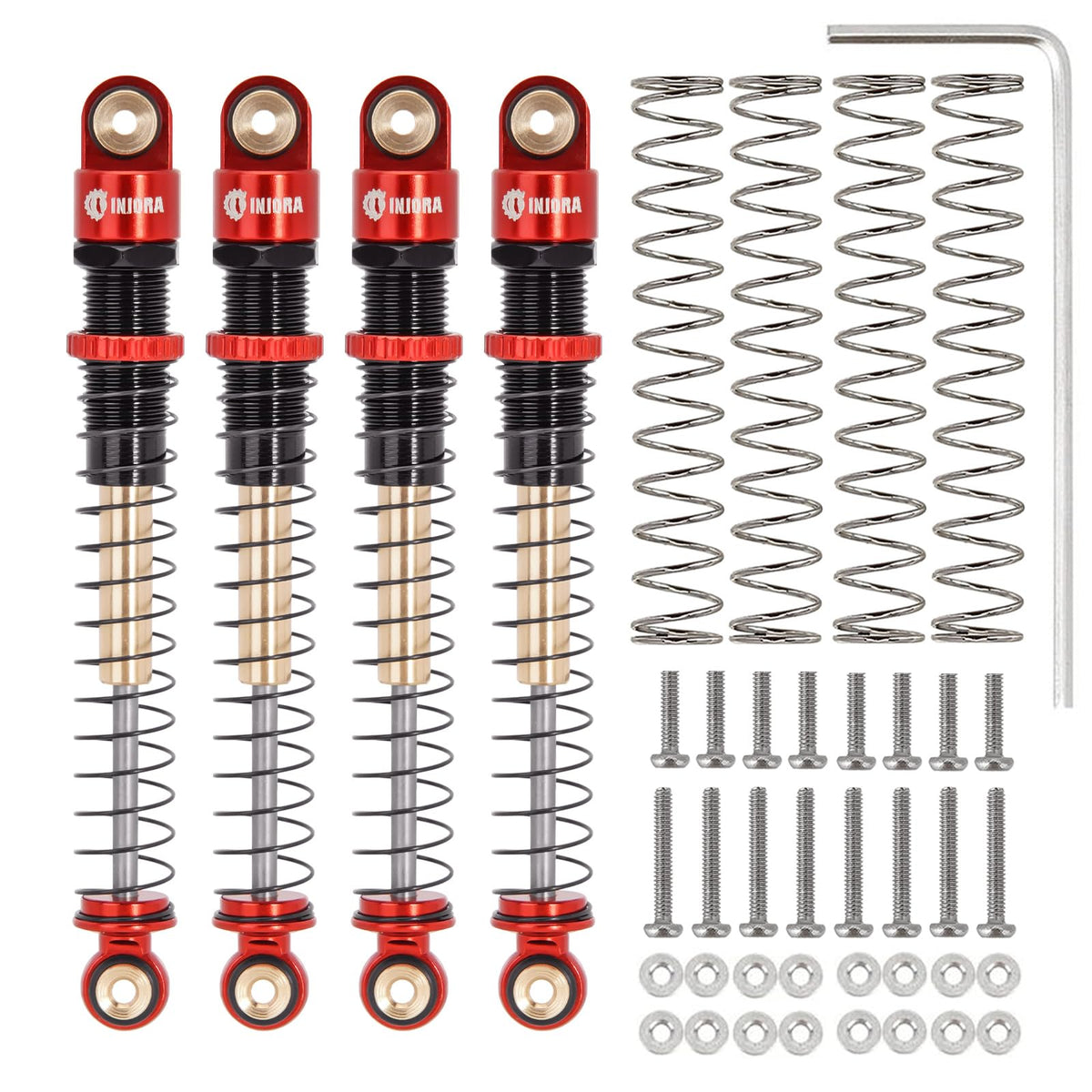 INJORA AX24 SCX24 red upgrade shocks for stability and grip.