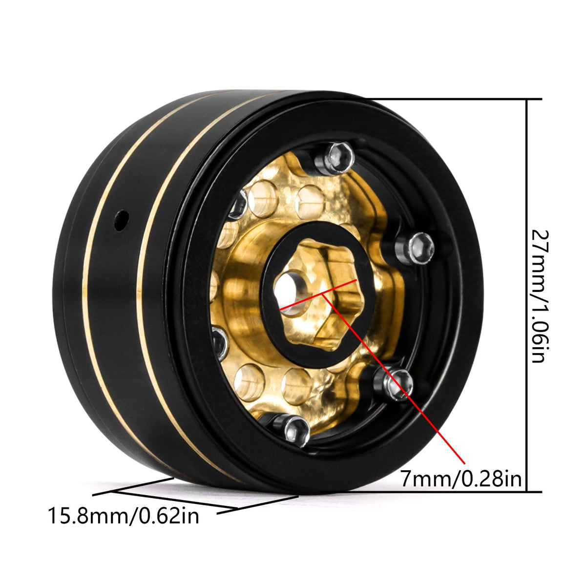 Top view of INJORA brass beadlock wheel highlighting smooth black coating.