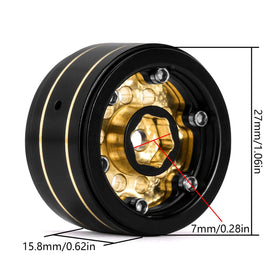 Top view of INJORA brass beadlock wheel highlighting smooth black coating.