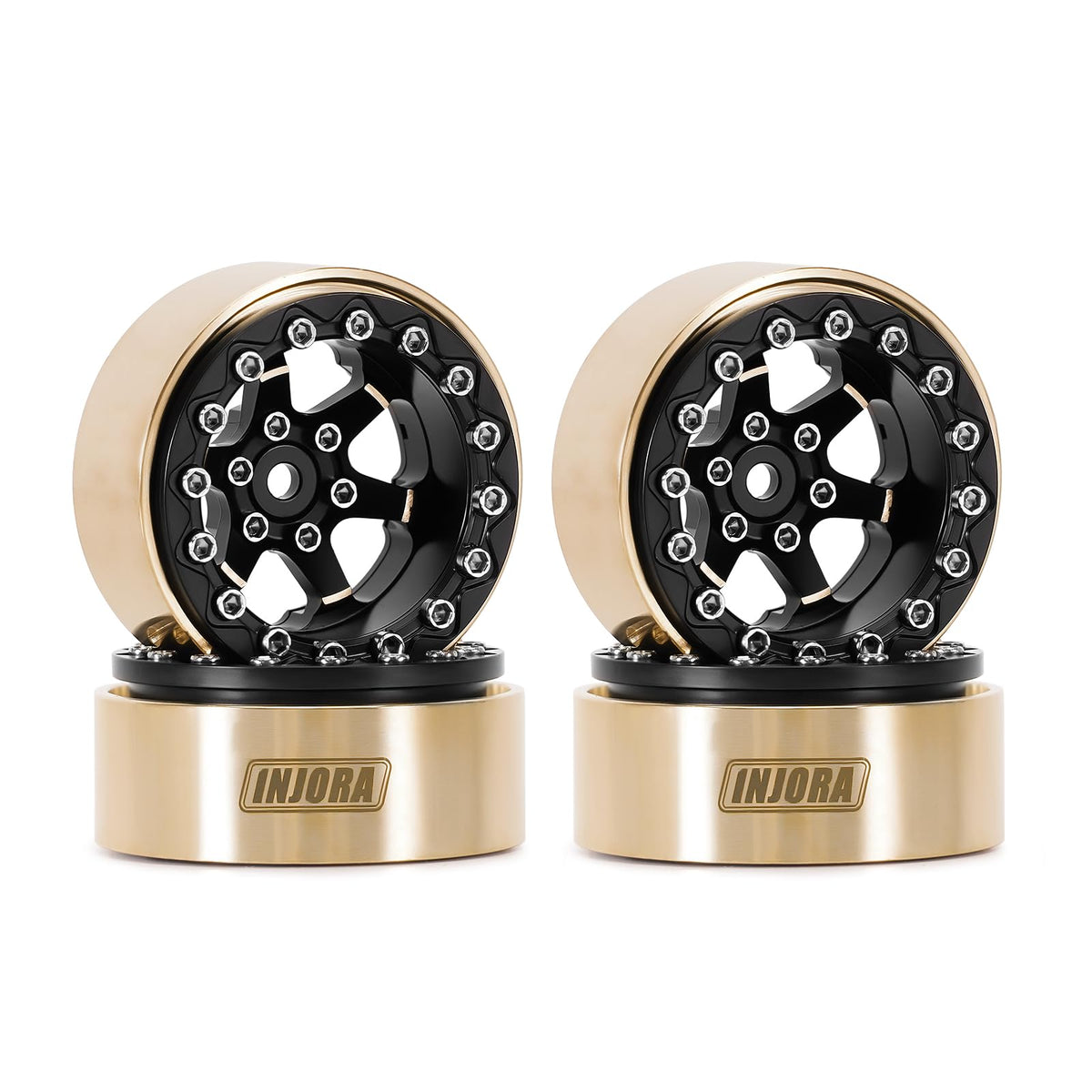 INJORA beadlock wheel 1.3-inch black brass front view shows rugged RC upgrade