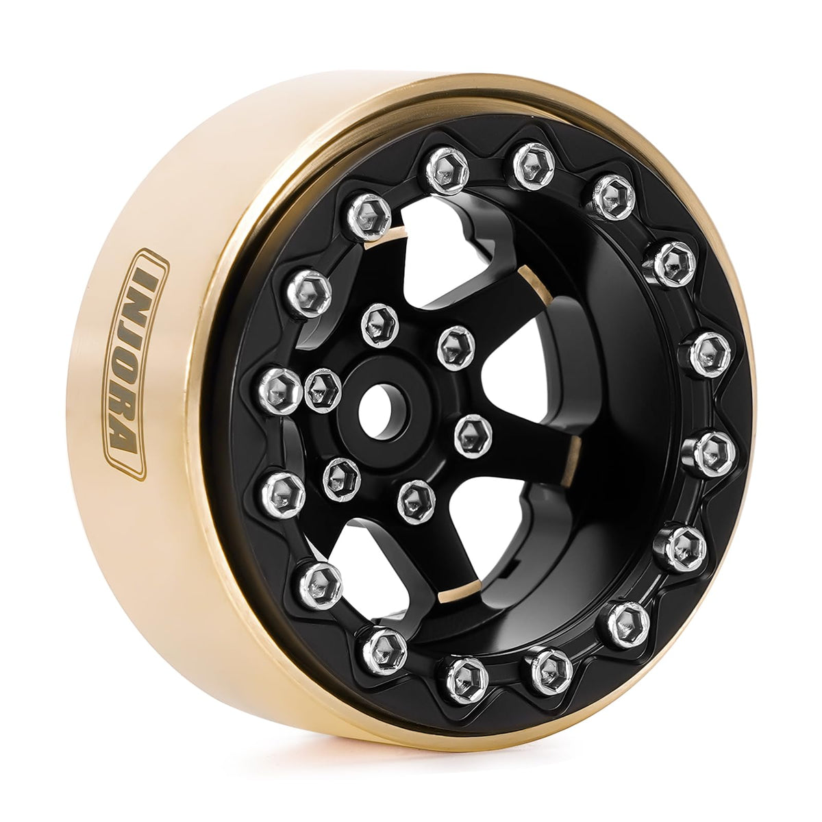 INJORA beadlock wheel 1.3-inch black brass hub detail ensures precise fit