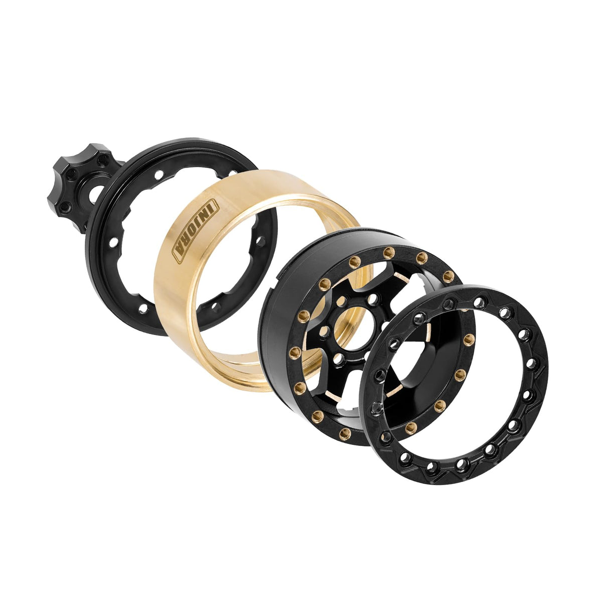 INJORA beadlock wheel 1.3-inch black brass side profile highlights bold stance