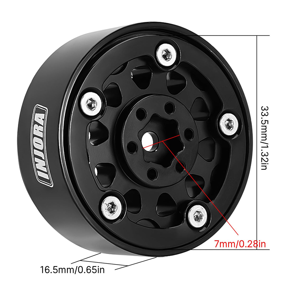 INJORA aluminium wheel close-up reveals precise CNC machining and premium finish.