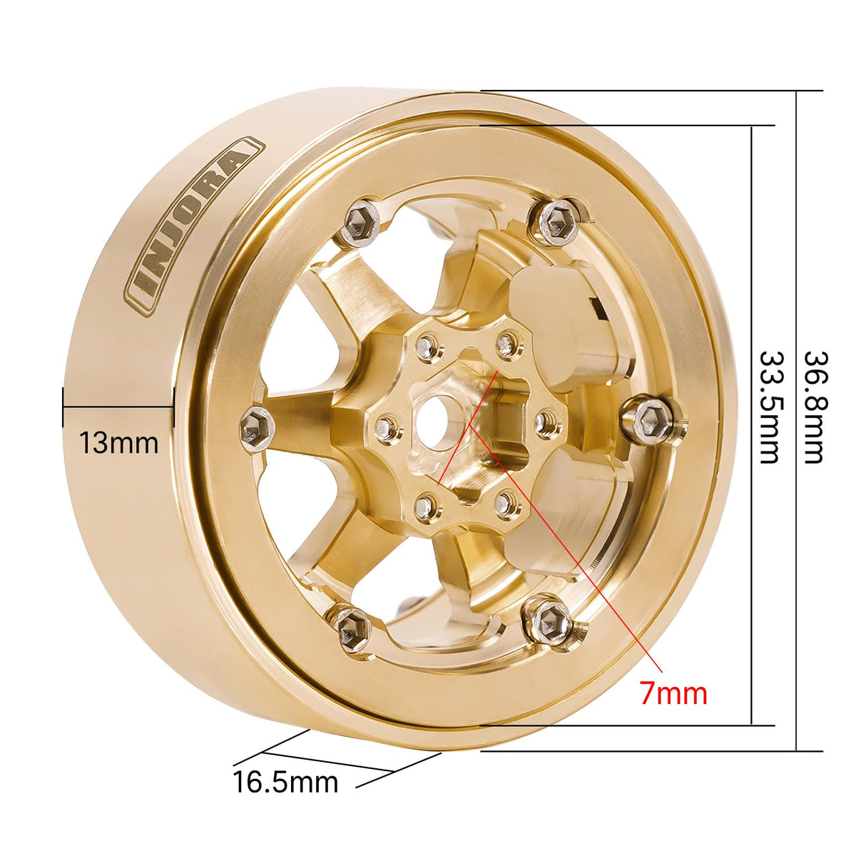 INJORA brass wheel shows 33.5 mm outer diameter for scale presence on RC builds.