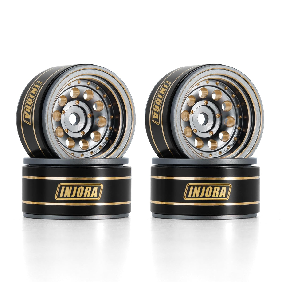 INJORA beadlock wheel rim with black coating and brass core for Axial SCX24 crawlers.