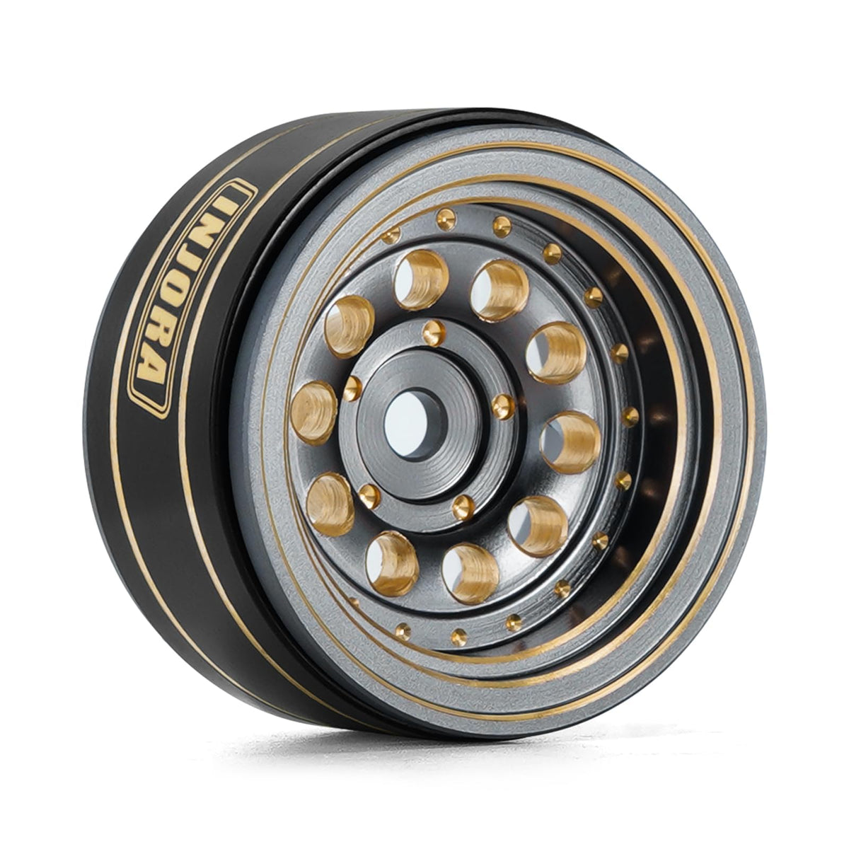 Side view of INJORA beadlock rim showing black finish and brass core for stability.