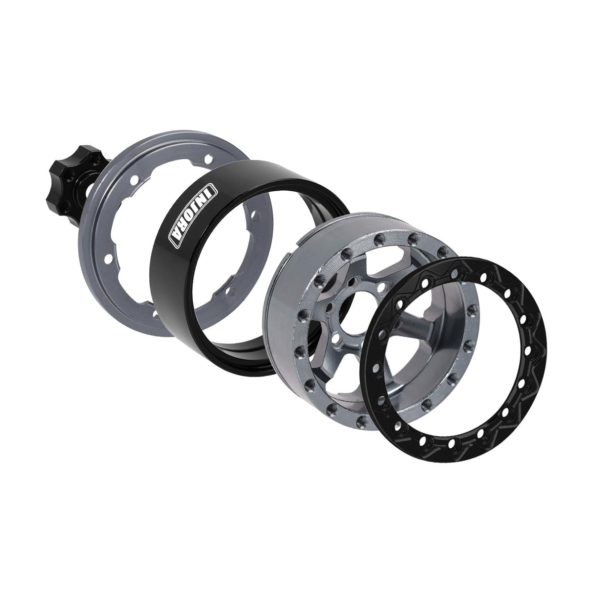 INJORA beadlock wheel side view grey highlights premium CNC construction.