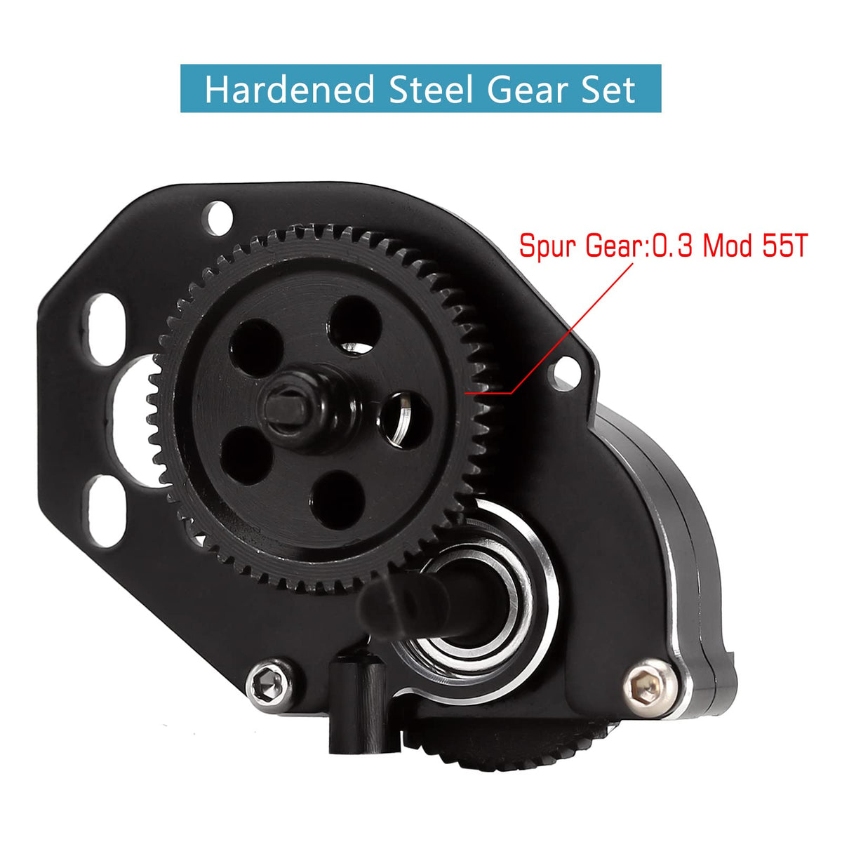 INJORA black anodized transmission housing resists wear on rugged trails