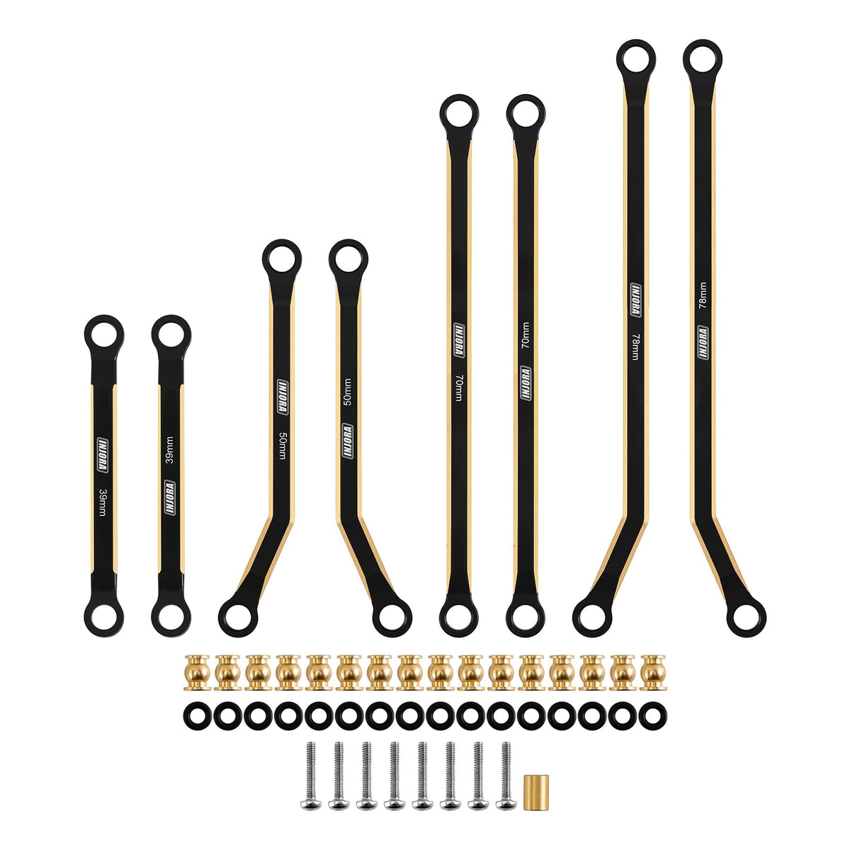 INJORA brass 4-links SCX24 Gladiator close-up shows engraved logo and durability.