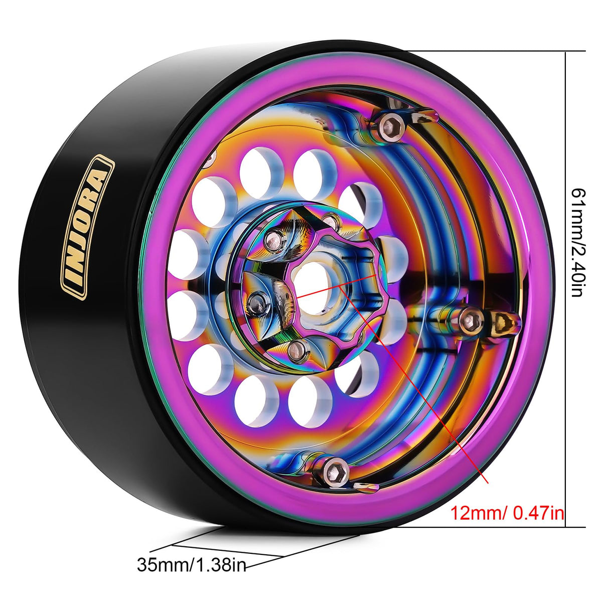 INJORA brass-aluminum rim closeup hub showing strong hub integration