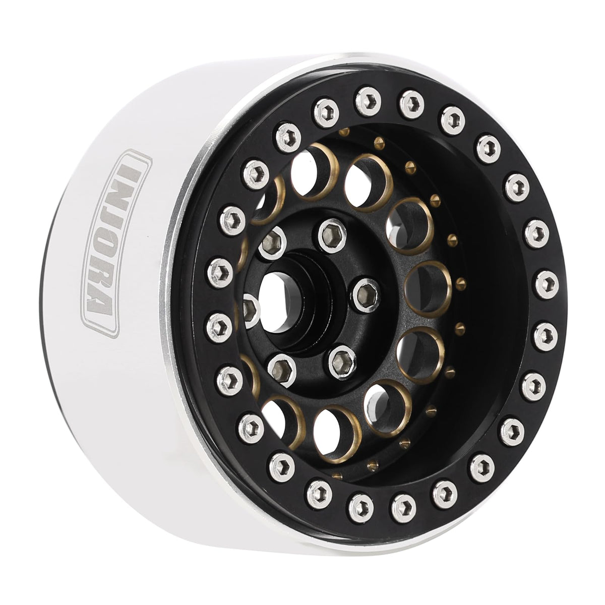 INJORA brass-aluminum wheel hub closeup shows corrosion resistance and strength.