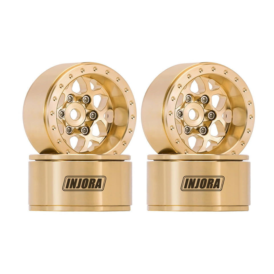INJORA brass beadlock wheel with 4.7mm offset for a wider stance and enhanced stability.
